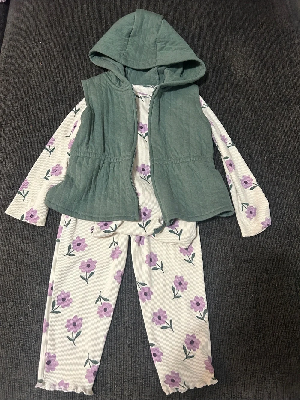 Carter's Green Quilted Hooded Vest with Cream & Lavender Floral Top and Pants